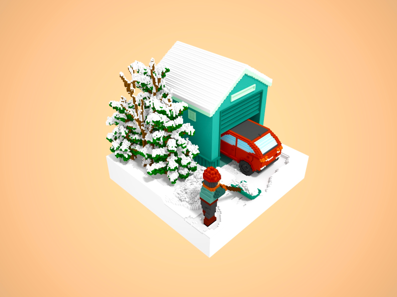 Shovel Snow yard neighborhoods city building game assets snowing garage trees car winter snow magicavoxel gameart voxel 3dart 3d