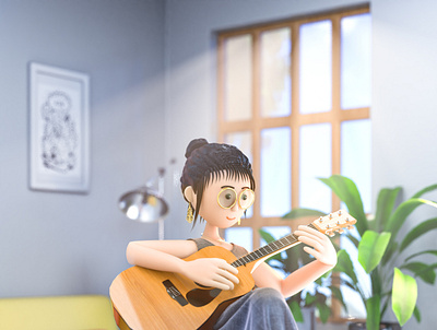 Girl playing guitar c4d design girl guitar illustration ui web