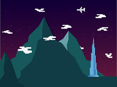 Burj Khalifa Mountain aeroplane blue burj khalifa green illustration mount everest night sky violet