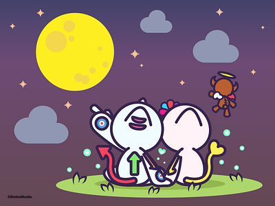 Talking to the moon with Tale. angel avill character characterdesign cute design devil illustration love moon moonlight partner simbastudio supermoon vector