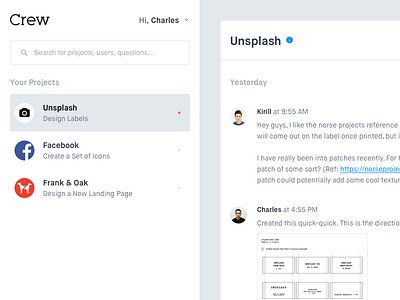 Crew - Your Projects - WIP avatars chat design messaging navigation projects search ui ux