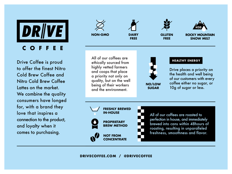 Drive Coffee Product Sheet automotive brew car coffee dairy free drive gluten free gmo icons illustration print product