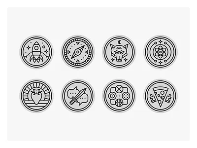 Stellar Factory Game Icons atom compass dagger game icon icon set icons illustration mono line monoline pizza rocket strawberry werewolf