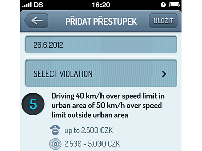 Add new offense - Czech Point System - UI/UX app blue design drivers fine illustration ios iphone offense traffic ui ux