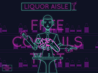 cocktail shaker and supermarket aisle alcohol challenge cocktails color colors design digital illustration digital painting digitalart flat illustration lifestyle lineart neon light neoncolors shopping vector words