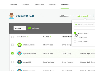 Student Filters avatar character education group illustration menu popover table
