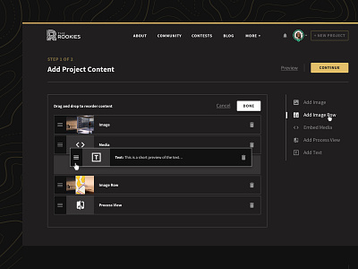 The Rookies: Content Reordering builder button content dark design interface reorder ui web design