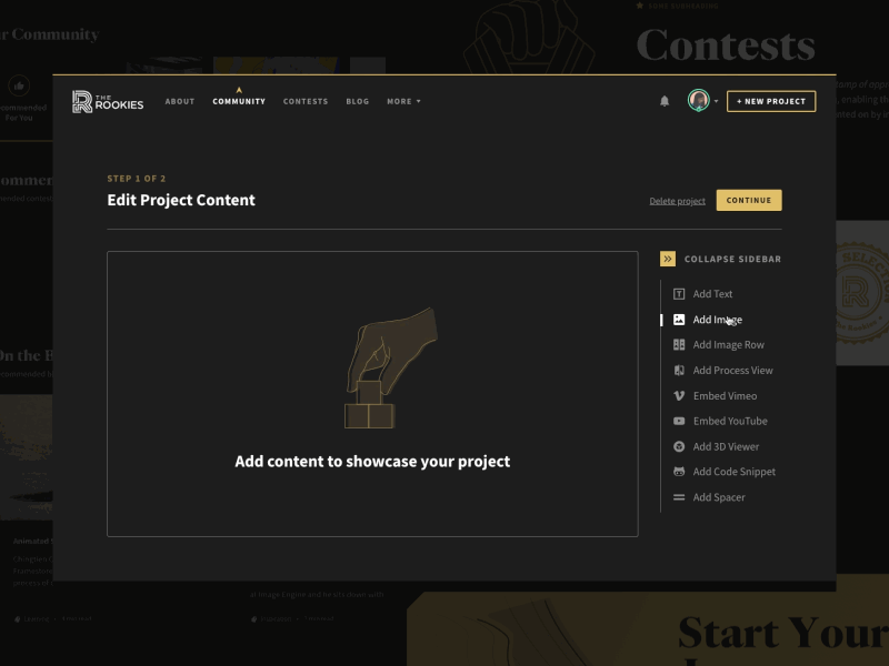 The Rookies: Project Builder portfolio community ui interface web design dark format upload images text design builder project