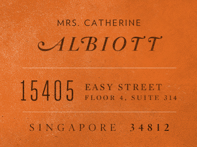 Albiott Return Address burnt orange grunge texture typography