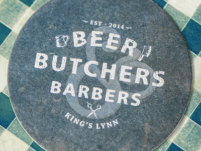 Beer, Butcher & Barbers Beer Mat barber beer mat blue butcher event vintage