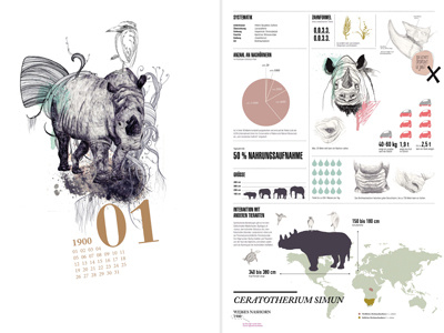 "Behind the unknown" calendar animals cryptozoology illustration infographic design realistic rhinoceros