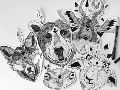 More happy animals aztec bear feather fox frog giraffe graphic illustration indian lines sheep structure