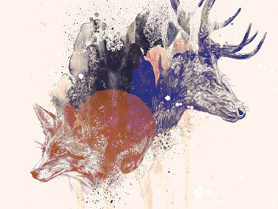 Fox & deer animals collage deer dots fineart fox fuchs hirsch illustration pencil spatter watercolor