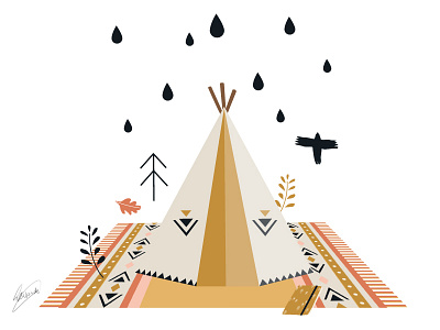 Let's go camping! adventure bird carpet graphic illustration nature pattern plants rain tent tree vector