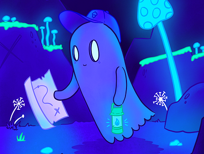 Illustration of a Ghost Going on an Adventure cartoon character design environment ghost glow illustration mushrooms procreate spooky