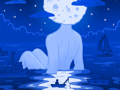 Moon Girl and Boat Friends - Procreate Illustration blue boats cartoon character design digital art environment girl illustration moon night ocean organic procreate simple
