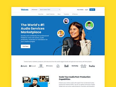 Voices Home Page Web Design audio branding bright design digital art freelancers graphic design headphones hero hero section home home page marketing marketplace talent typography ui web design web page