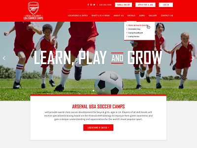 Arsenal USA Summer Camps Website arsenal branding camp collaboration community development digital education identity interactive sitemap soccer sports summer camp ui ux web design wireframes