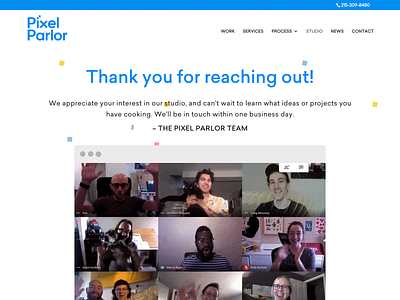 Pixel Parlor Thank You Page agency analytics animation collaboration conversation css development digital forms front end gif interactive marketing nonprofit thank you page ui ux web design wireframes wordpress