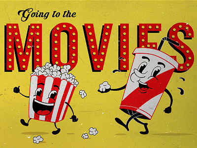 Going to the Movies 1950s advertisement character illustration movies popcorn retro texture vector