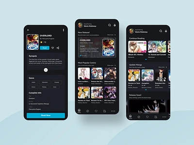 Comic Apps - UI Design anime art black blue comic comics dark dark mode design figma manga mangaart mobile app mobile ui read reading app ui ui design uiux ux