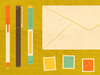 Resolve desk envelope illustration pencils pens stamps