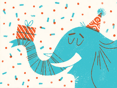Happy happy! anthropomorphizing birthday celebration elephant illustration limited palette two color
