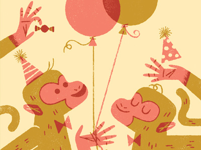 It's Friday, Monkeys. animals anthropomorphic anthropomorphizing illustration limited palette monkeys party two color