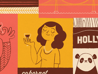 There is a panda on the cabernet sauvignon. bridge california cities hollywood illustration label lady panda wine woodgrain