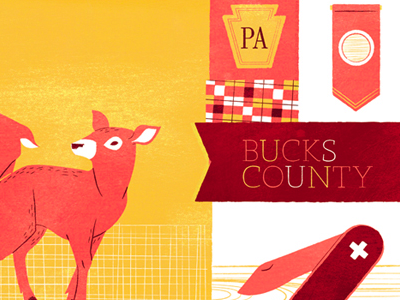 bucks county banner deer illustration pennsylvania ribbon swiss army knife texture
