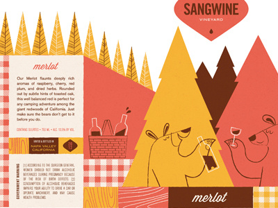 sangwine: merlot bears drinking forest illustration label logo packaging picnic basket trees wine