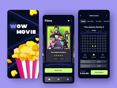 Movie Tickets App - Mobile app 3d arounda buy card characters cinema concept design figma graph graphic design illustration interface mobile app movies neon startup ticket ui ux