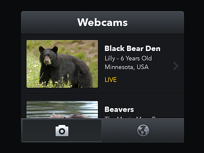 Wildlife Webcam App app avenir bar button cameras clean dark design ios iphone list navigation tab ui webcam wildlife world