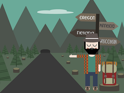 Hipster Hitchhiker hipster hitchhiking illustration into the wild nature road travel