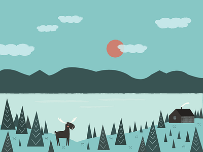 Cabin In The Hills cabin forest illustration lake landscape moose mountains nature