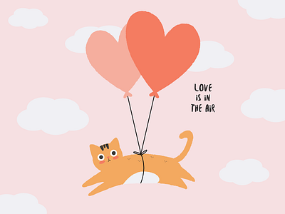 Love Is In The Air balloons cat flying illustration love sky valentines day