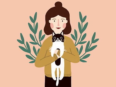 Portrait Woman With Cat cat character design illustration leafs people portrait woman