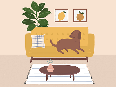 Dog On The Sofa decor dog illustration interior livingroom plants puppy retro room sofa