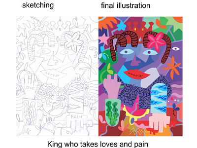 The King who loves in pain abstarct background art branding colorful art colorful design decor design digital illustration digitalart ethnic frame hand drawn homepage design illustration images loves overview sketch sketching wall art