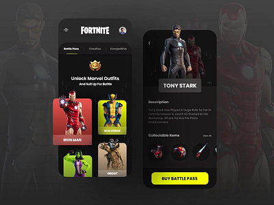 Fortnite Season 4 App UI Design animation app design clean design dribble shot fortnite game design ironman mobile app mobile ui uidesign uiux ux wolverine