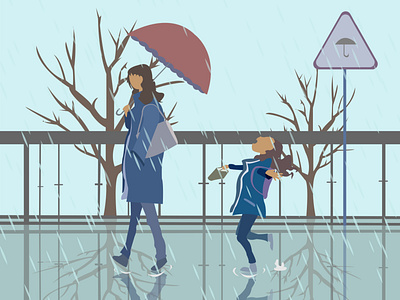 Childhood child childhood design illustration mom parent play rain tree umbrella