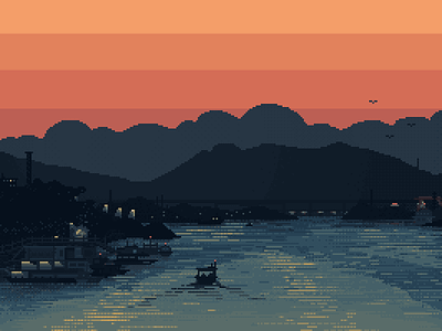 Kiuliong River boat drawing ferry illustration pixel river sunset