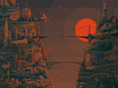 Parallel city cliff futuristic game illustration lighting pixel pixel art retro