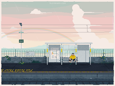 Blackrock Station blackrock clouds dart dublin game guy illustration ireland pixel art train station tram vintage
