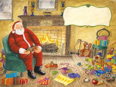 Christmas preparations! aquarells christmas fireplace guache illustrations klaus pencils presents santa toys traditional