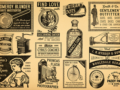 Vintage Newspaper Adverts 2 bottle camera coach coffee dog gentleman grinder magnifying glass newspaper newspapers outfitter paper penny farthing vintage