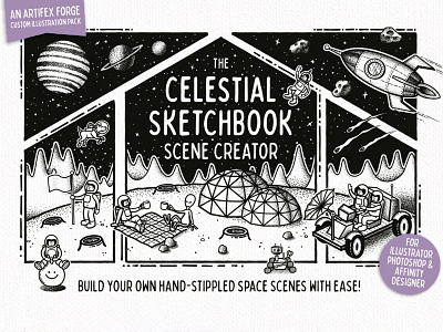 Celestial Sketchbook - Cover astronaut base buggy galaxy mars meteor meteors moon planet planets robot rocket rover scene scene creator sky space stars
