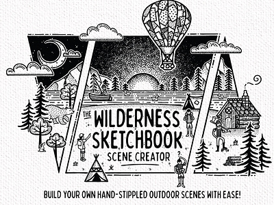 The Wilderness Sketchbook Scene Creator - Cover Design bear bears camping hot air balloon landscape log cabin mountain mountains outdoor outdoors tent tree trees wilderness woodland