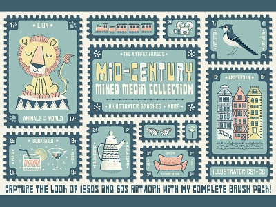 Mid Century Mixed Media Collection - Cover Design amsterdam bird bluejay cocktails coffee film film camera glasses lion mid century sofa stamp stamps train