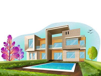 Twin Villa Design architechture building design garden grass illustration pool villa